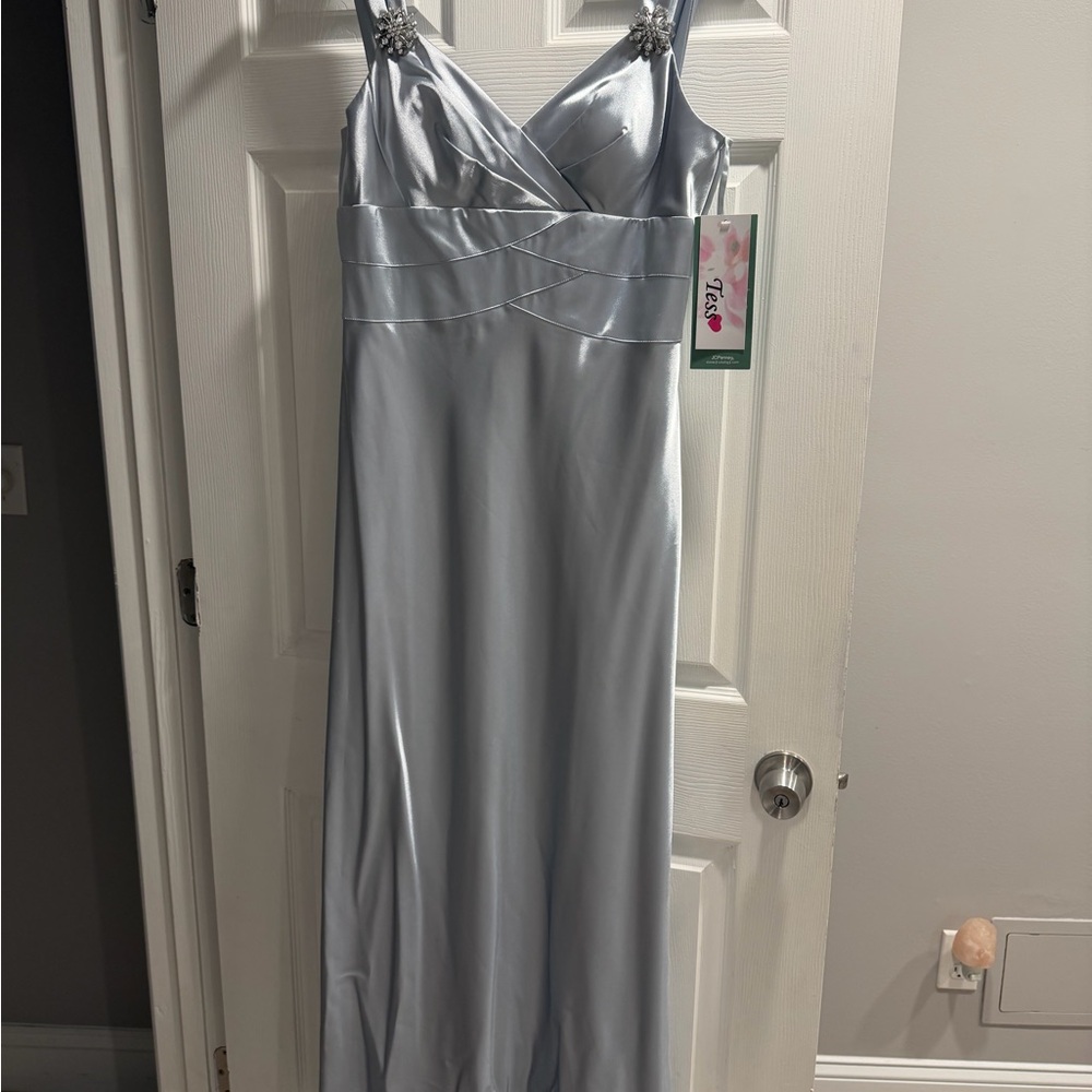 Silver Satin Maxi Dress with Embellished Straps